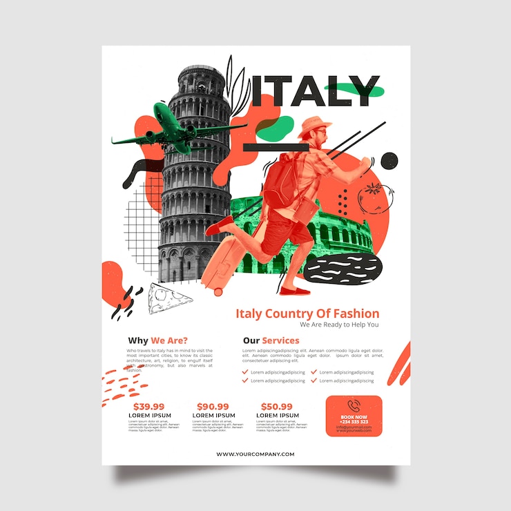Vettore gratuito in viaggio verso il modello di poster di cancelleria italia
