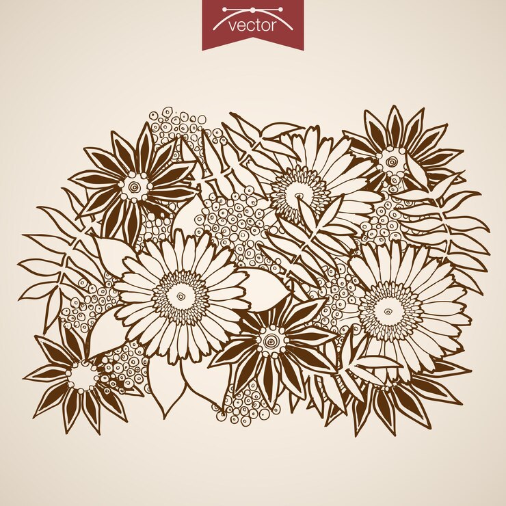 Vettore gratuito incisione vintage bouquet di fiori naturali disegnati a mano. negozio di fiori di camomilla schizzo a matita