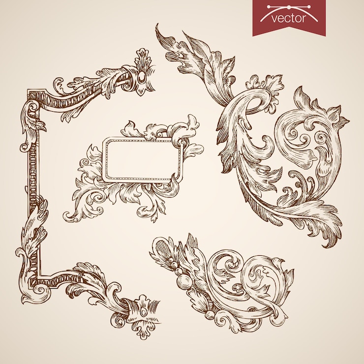 Vettore gratuito incisione vintage disegnati a mano trafori collezione frame.