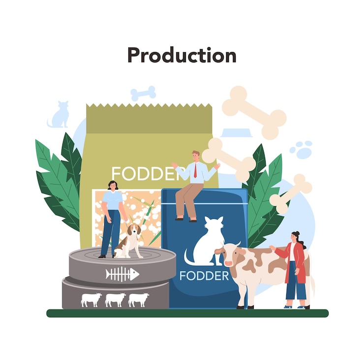 Vettore gratuito industria dei foraggi alimenti per la produzione di animali domestici ciotola per cani e gatti e confezione di alimenti pasti per animali domestici illustrazione vettoriale piatta isolata