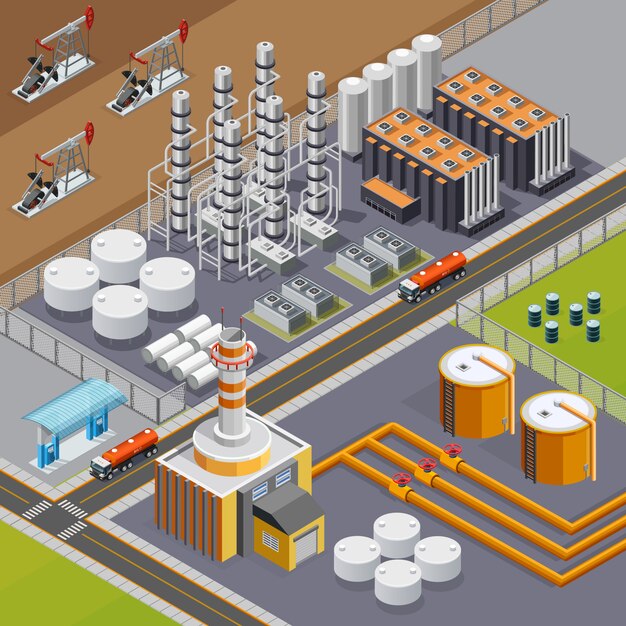 Industria petrolifera e composizione nel trasporto con la grande raffineria e pumpjacks l'illustrazione isometrica di vettore 3d