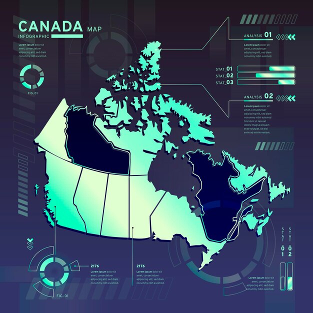 Infografica della mappa al neon del canada in design piatto