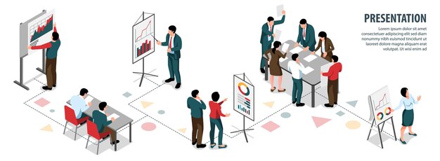 Infografica isometrica di presentazione con il personale dell'ufficio che comunica sull'illustrazione di vettore di riunione di lavoro o conferenza