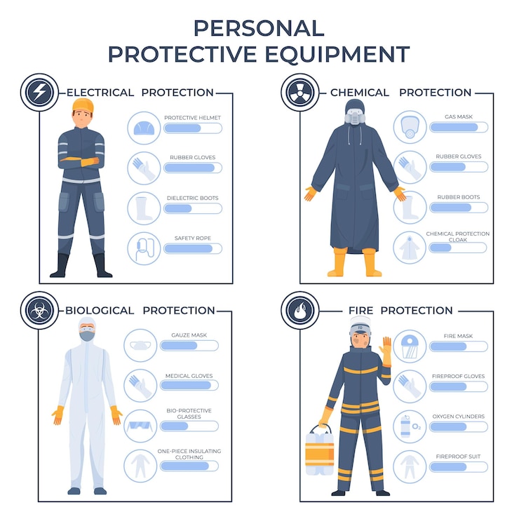 Vettore gratuito infografica piatta per dispositivi di protezione con descrizioni elettriche chimiche, biologiche e antincendio, illustrazione vettoriale