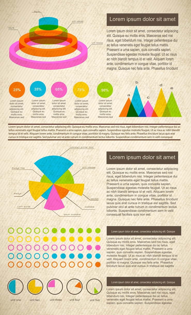 Vettore gratuito infografica vintage impostata in colori vivaci con campi di testo diagrammi e statistiche
