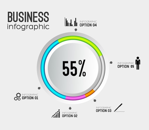 Infografica web astratta con icone di affari di bordo colorato pulsante rotondo grigio e cinque opzioni