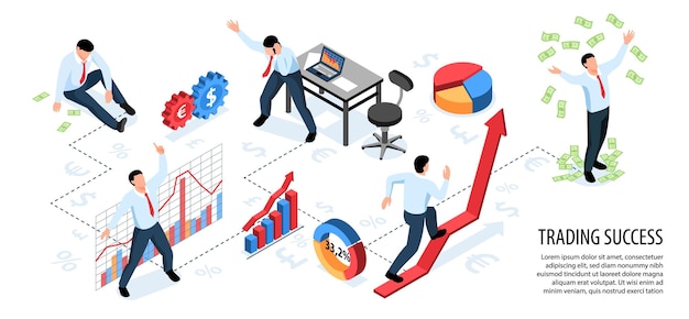 Infographics orizzontale di scambio di borsa valori isometrica con composizione di simboli di segni e persone con illustrazione di testo