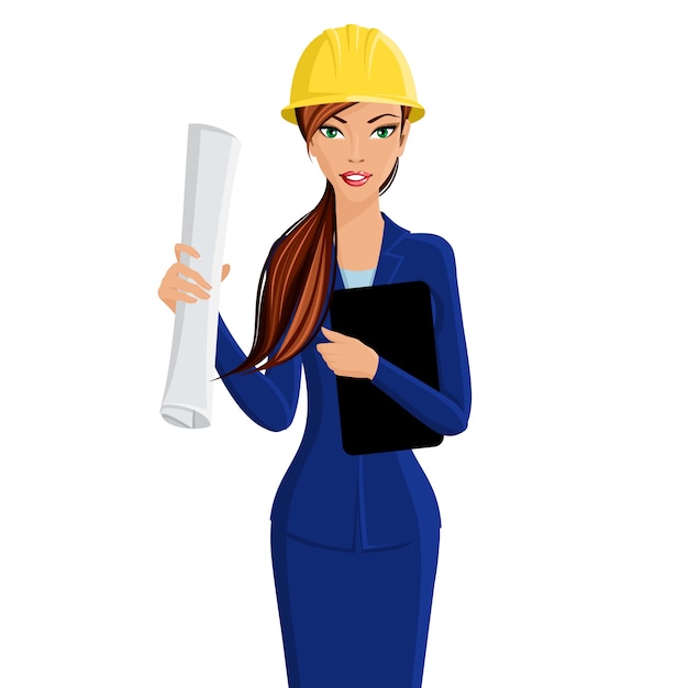 Ingegnere di donna bella business donna in casco isolato su sfondo bianco illustrazione vettoriale