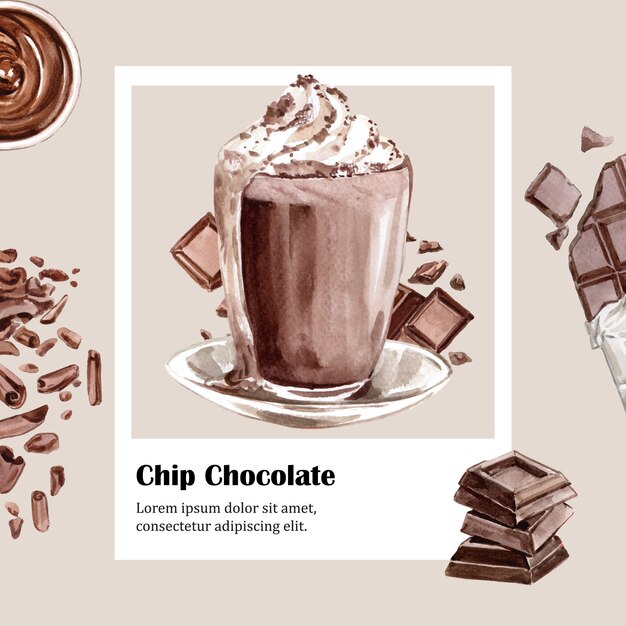 ingredienti dell'acquerello del cioccolato, producendo bevanda al cioccolato, illustrazione