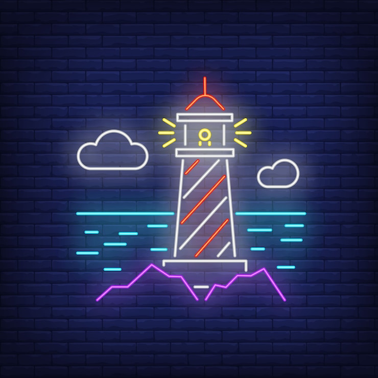Vettore gratuito insegna al neon del faro torre, mare, nuvole sul muro di mattoni. elementi di banner o cartelloni luminosi.