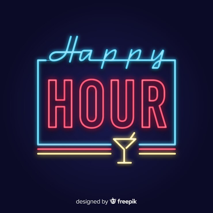 Vettore gratuito insegna al neon dell'happy hour con la tazza di vetro