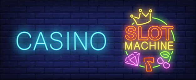 Insegna al neon della slot machine. Numero sette, diamante, corona e ciliegia