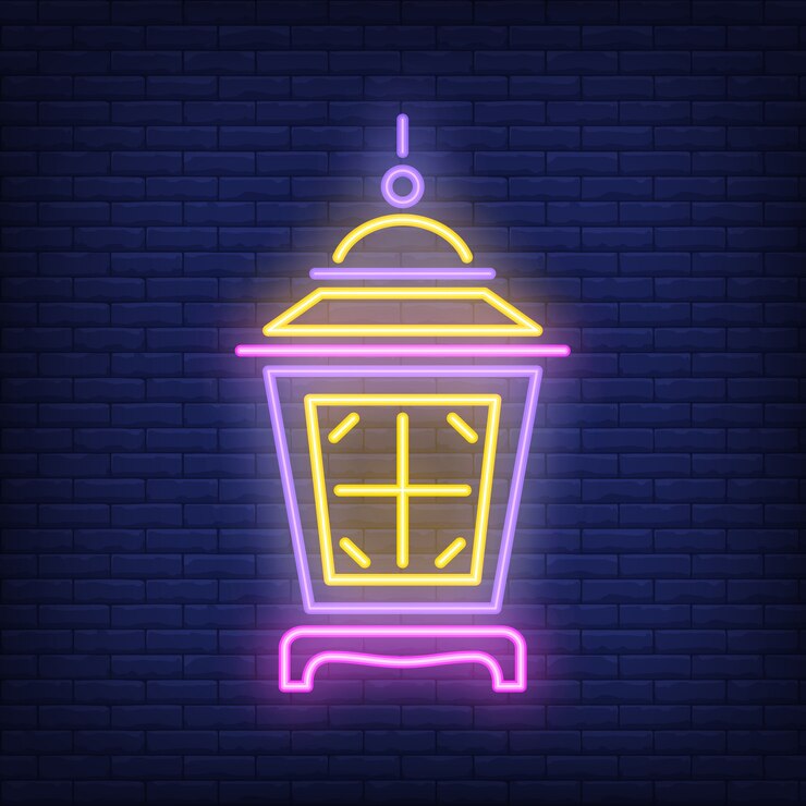 Vettore gratuito insegna al neon illuminata della lampada. lanterna luminosa del giardino sul fondo scuro del muro di mattoni.