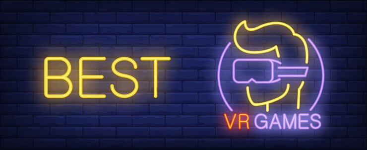 Vettore gratuito insegna di stile al neon dei giochi di vr sul fondo del mattone. giocatore in maschera e lettere migliori.