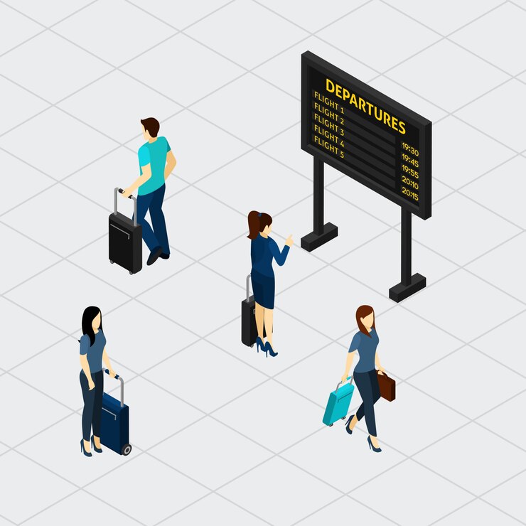 Vettore gratuito insegna isometrica dei passeggeri del corridoio dell'aeroporto