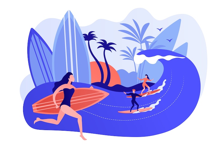 Vettore gratuito insegnante che insegna surf, cavalca un'onda sulla tavola da surf nell'oceano, persone minuscole. scuola di surf, area spot di surf, impara a navigare qui concetto. pinkish coral bluevector illustrazione isolata