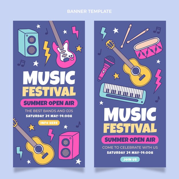 Insegne verticali colorate disegnate a mano di festival di musica