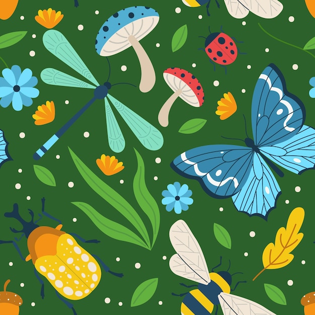 Insetti colorati illustrati e reticolo di fiori