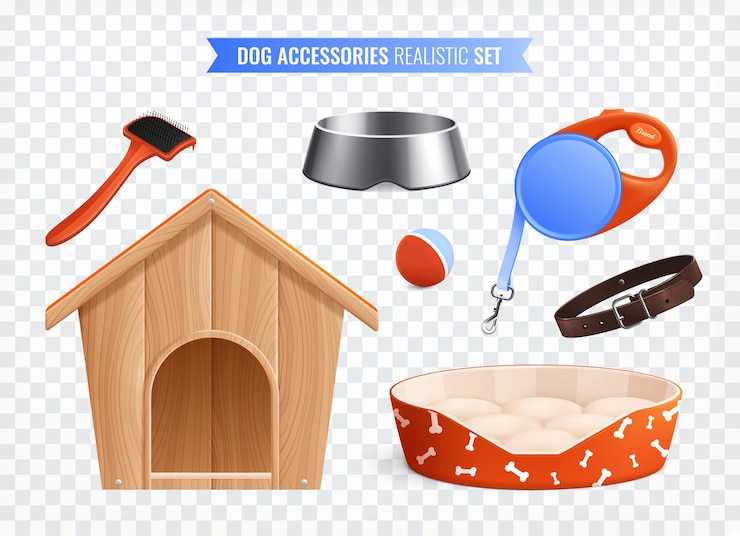 Vettore gratuito insieme colorato degli accessori del cane della palla del collare degli strumenti di toelettatura del guinzaglio del piatto della cabina isolata su fondo trasparente realistico