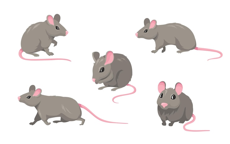 Vettore gratuito insieme del mouse del fumetto. ratto piccolo roditore peloso grigio con coda senza peli rosa a piedi o seduto isolato su bianco