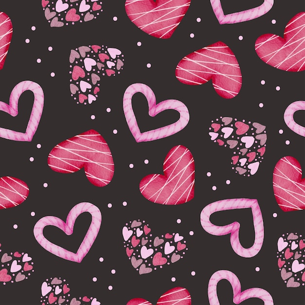 Insieme del reticolo senza giunte dell'acquerello con cuori rosa e rossi su sfondo nero, elemento di concetto di San Valentino dell'acquerello isolato adorabili romantici cuori rosso-rosa per la decorazione, illustrazione.