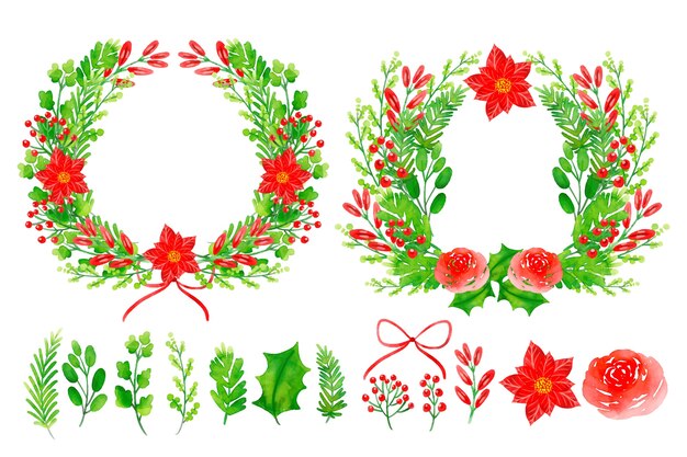 Insieme dell'acquerello delle decorazioni dei fiori di natale e della corona