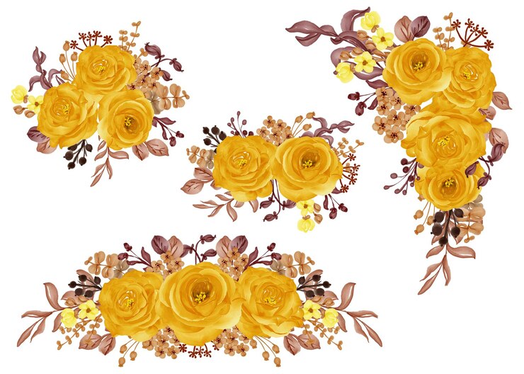 Vettore gratuito insieme dell'acquerello di composizione floreale con autunno autunno rosa giallo