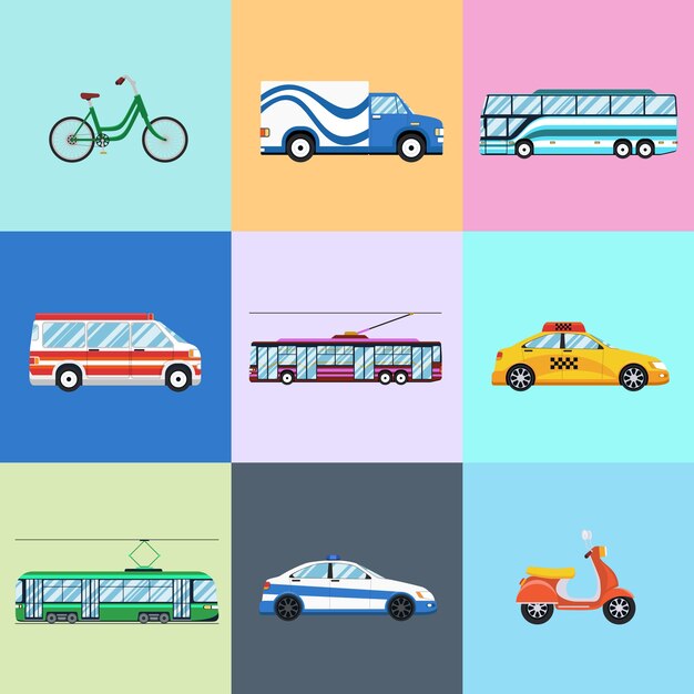 Insieme dell'icona di veicoli urbani della città. Auto e filobus, bici e moto, bus e polizia