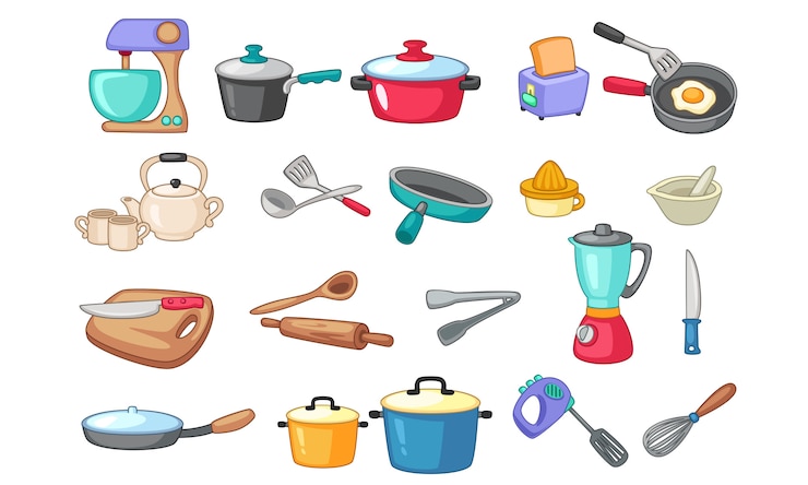 Vettore gratuito insieme dell'illustrazione degli utensili della cucina