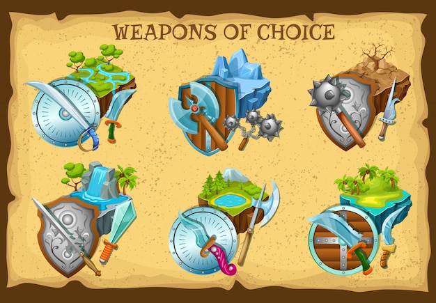 Insieme dell'illustrazione dei paesaggi del gioco e dell'arma