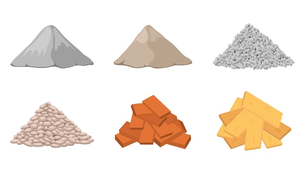 Insieme dell'illustrazione del fumetto di vari mucchi di materiale da costruzione. Cumuli di cemento, mattoni, gesso, muratura, roccia frantumata o pietre isolate su sfondo bianco. Concetto di materiale da costruzione