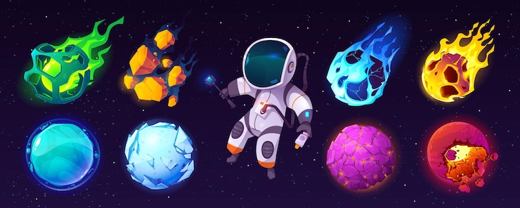 Vettore gratuito insieme dell'illustrazione del gioco del fumetto dell'astronauta e del pianeta