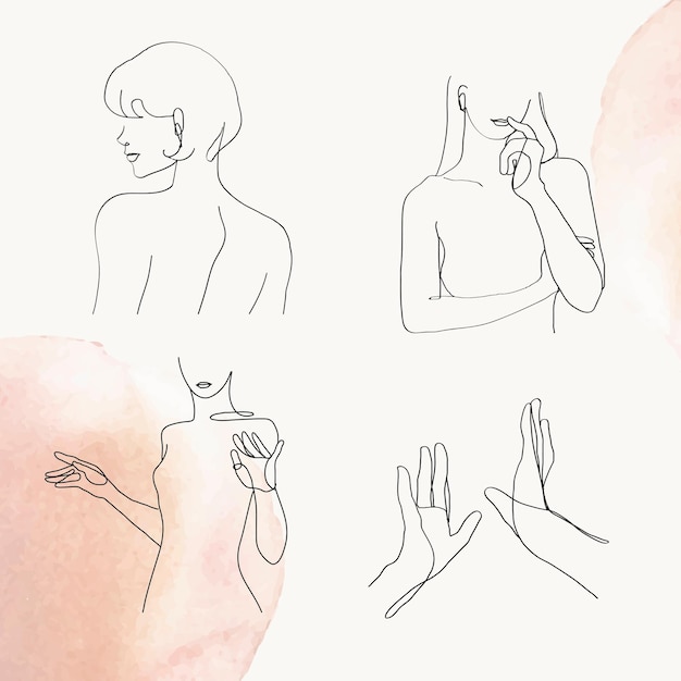 Insieme dell'illustrazione dell'acquerello pastello femminile di vettore di linea arte gesto della donna
