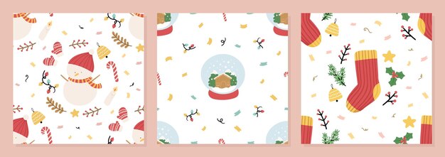Insieme dell'illustrazione di vettore del modello senza cuciture di natale disegnato a mano organico