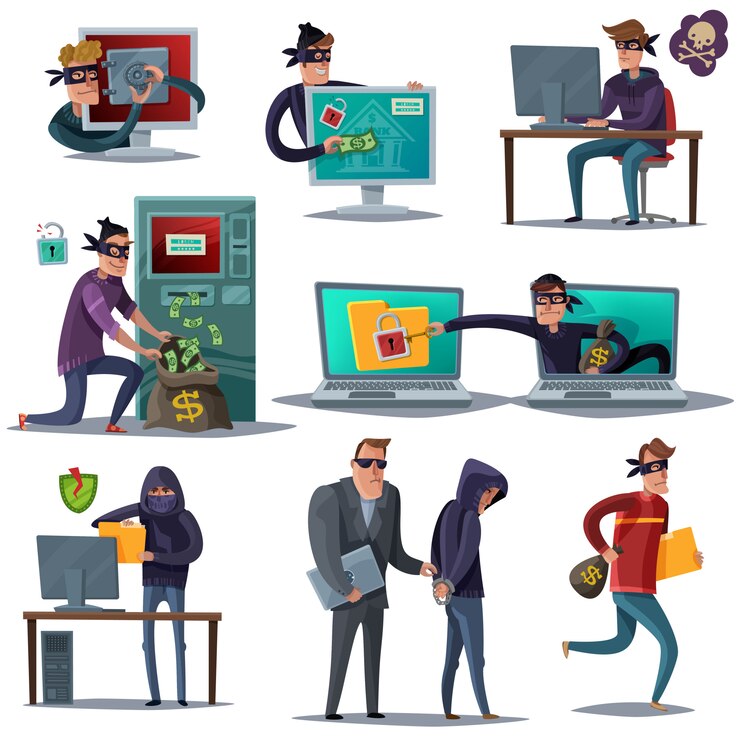 Vettore gratuito insieme della composizione in sicurezza del pirata informatico di internet