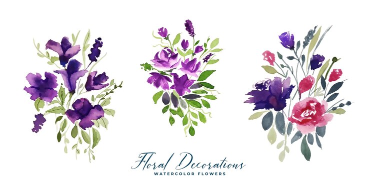 Vettore gratuito insieme della decorazione dei fiori del mazzo dell'acquerello