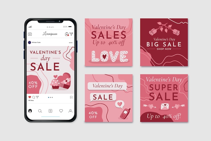 Vettore gratuito insieme della posta del instagram di vendita di san valentino