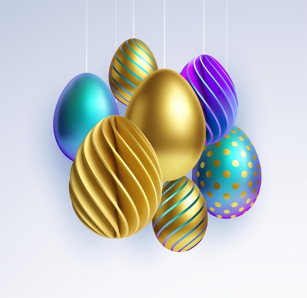 Insieme delle uova di Pasqua 3D realistiche, lucide, dorate, olografiche differenti isolate su fondo bianco. Illustrazione di vettore Eps10