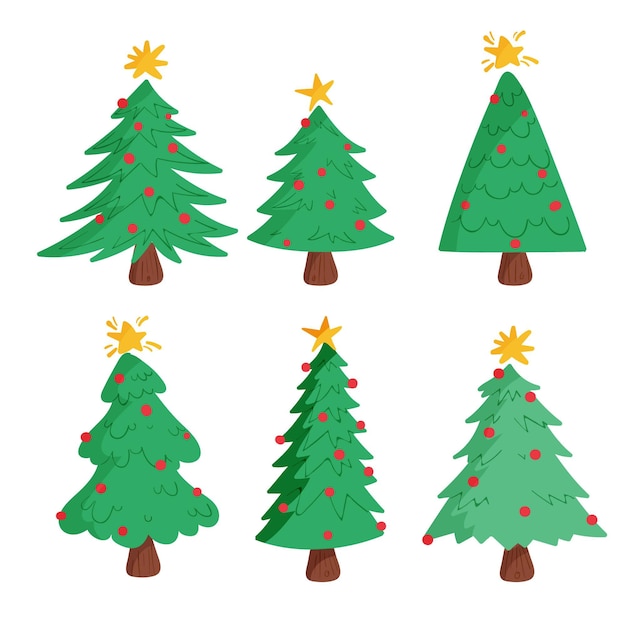 Insieme di alberi di Natale disegnati con ornamenti