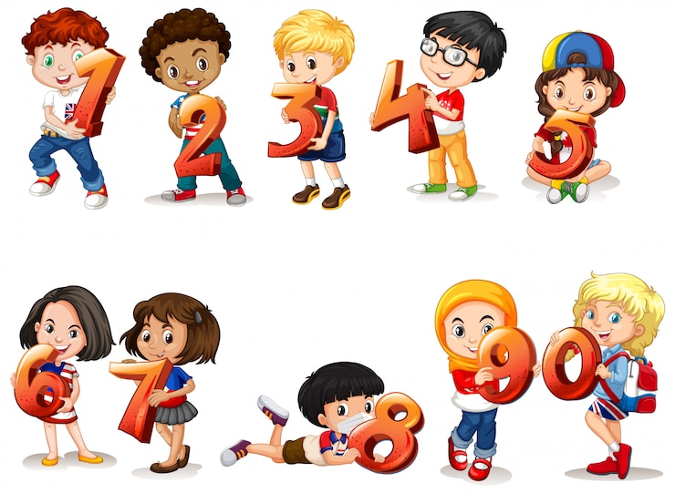Vettore gratuito insieme di bambini diversi che detengono un numero matematico