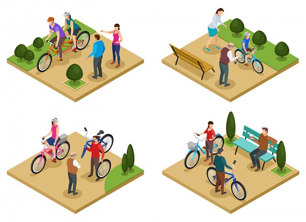 Insieme di concetto di progetto di vacanze estive 2x2 delle composizioni isometriche con la gente che guida le biciclette nell'illustrazione di vettore del parco della città