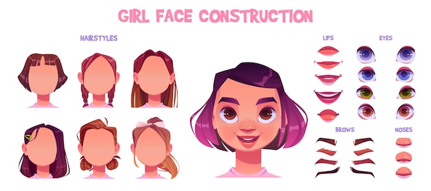 Insieme di costruzione del fronte della ragazza teenager isolato su priorità bassa bianca Illustrazione del fumetto di vettore del pacchetto di raccolta di acconciature testa avatar femminile di labbra con diverse emozioni occhi sopracciglia e naso