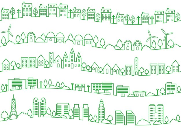 Insieme Di Disegni Di Linee Di Paesaggio Urbano Semplici Senza Soluzione Di Continuità Isolati Su Uno Sfondo Bianco. Illustrazione vettoriale.