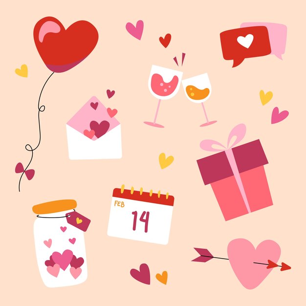 Insieme di disegno dell'illustrazione piana di buon San Valentino