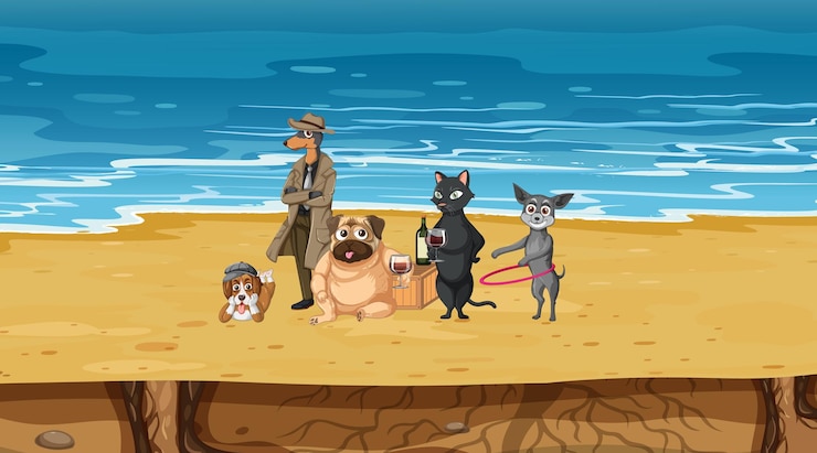 Vettore gratuito insieme di diversi animali domestici sulla scena della spiaggia