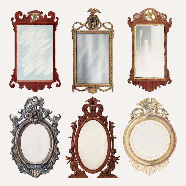 Insieme di elementi di disegno vettoriale di specchi antichi, remixato dalla collezione di pubblico dominio