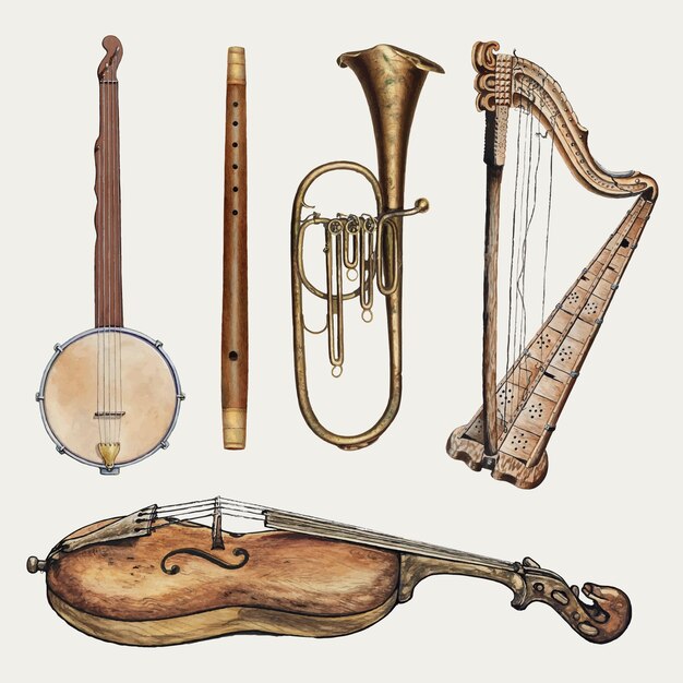 Insieme di elementi di disegno vettoriale di strumenti musicali antichi, remixato dalla collezione di pubblico dominio