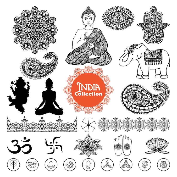 Vettore gratuito insieme di elementi di india disegnata a mano