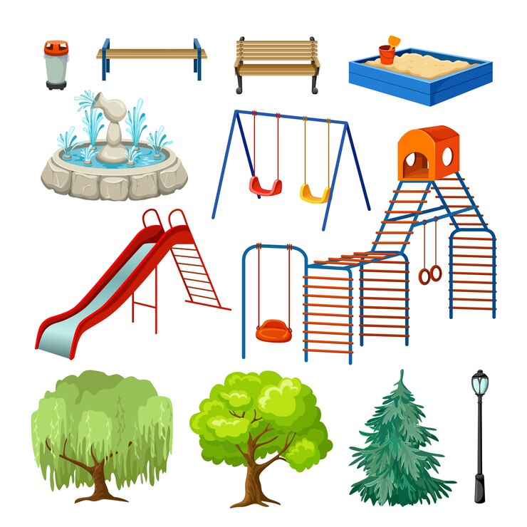 Vettore gratuito insieme di elementi di parco giochi.