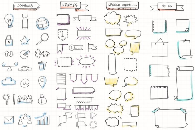 Insieme di elementi di pensiero visivo disegnato a mano